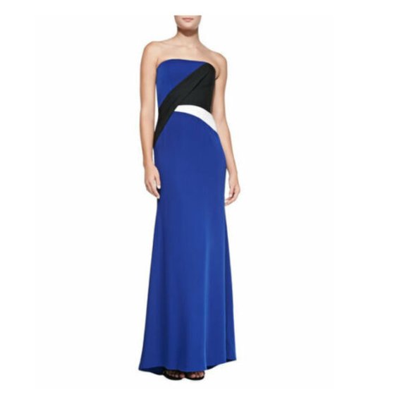 BCBG Audrianna Strapless Blue, Black, and White Colorblock Floor Length Dress - Picture 2 of 6